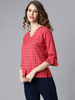 Thumbnail for Janasya Women's Red Cotton Checkered Regular Top - Distacart