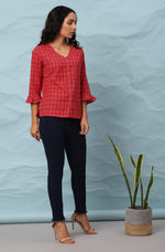 Thumbnail for Janasya Women's Red Cotton Checkered Regular Top - Distacart