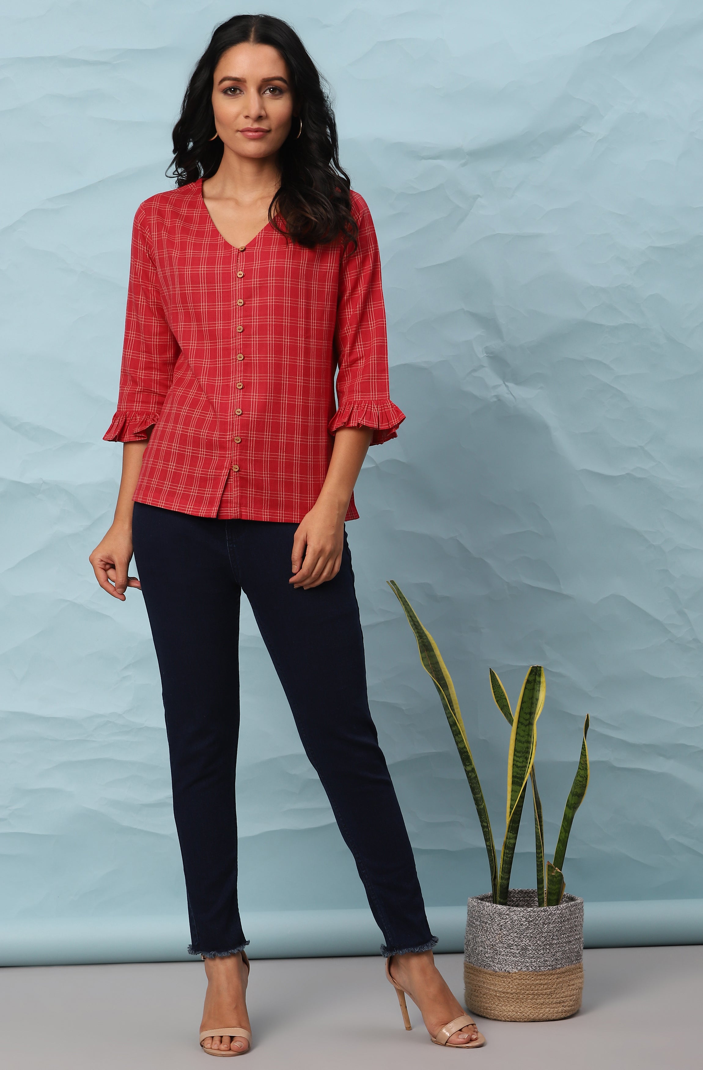 Janasya Women's Red Cotton Checkered Regular Top - Distacart