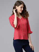 Thumbnail for Janasya Women's Red Cotton Checkered Regular Top - Distacart