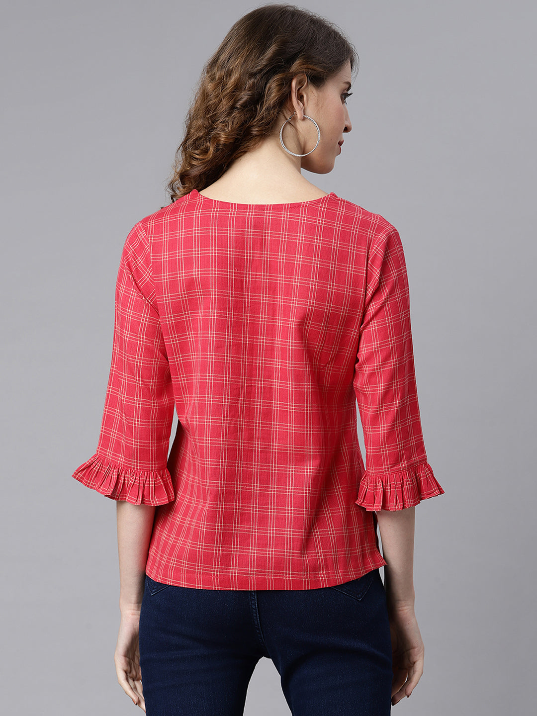 Janasya Women's Red Cotton Checkered Regular Top - Distacart