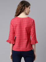 Thumbnail for Janasya Women's Red Cotton Checkered Regular Top - Distacart