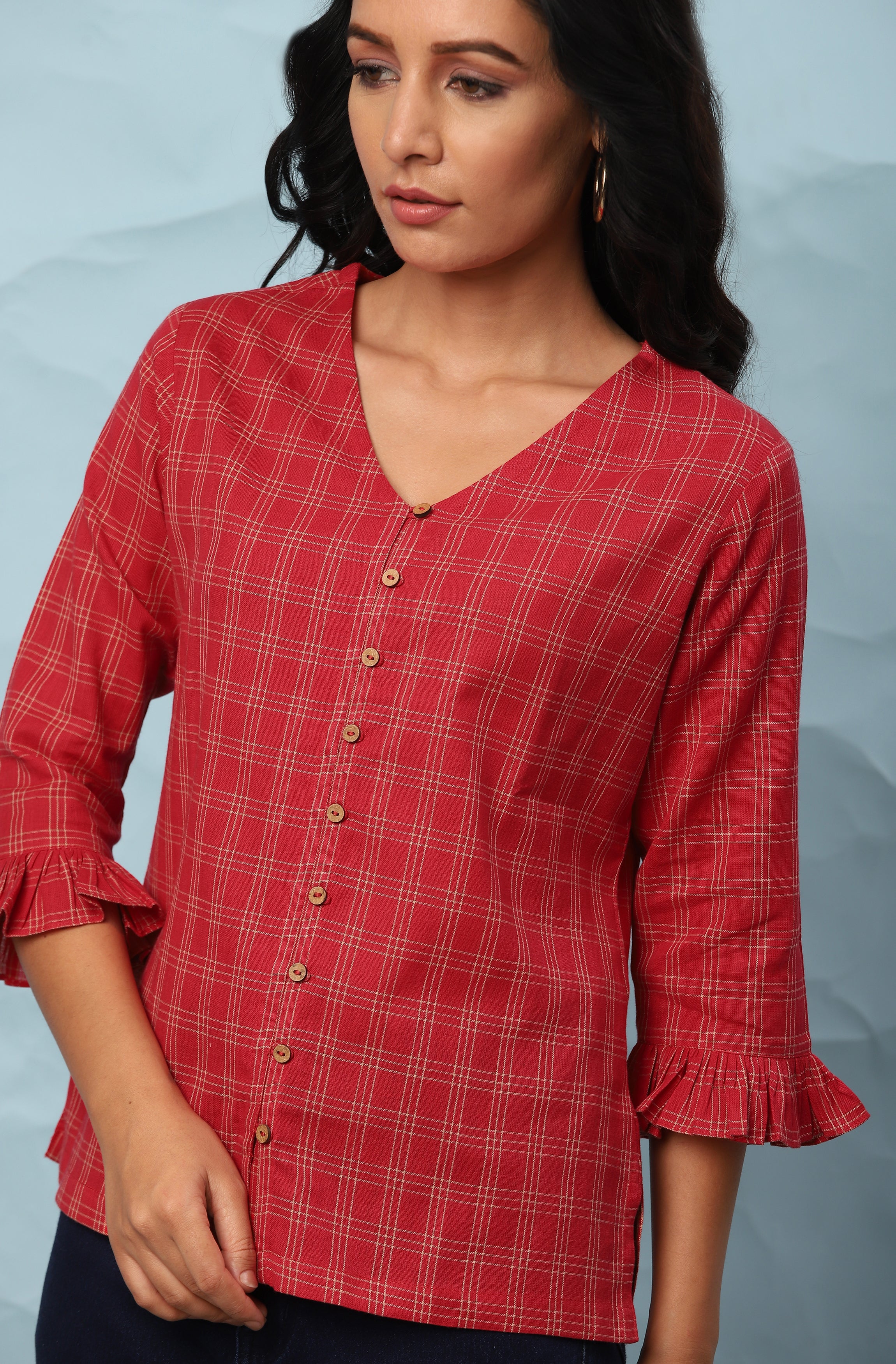 Janasya Women's Red Cotton Checkered Regular Top - Distacart