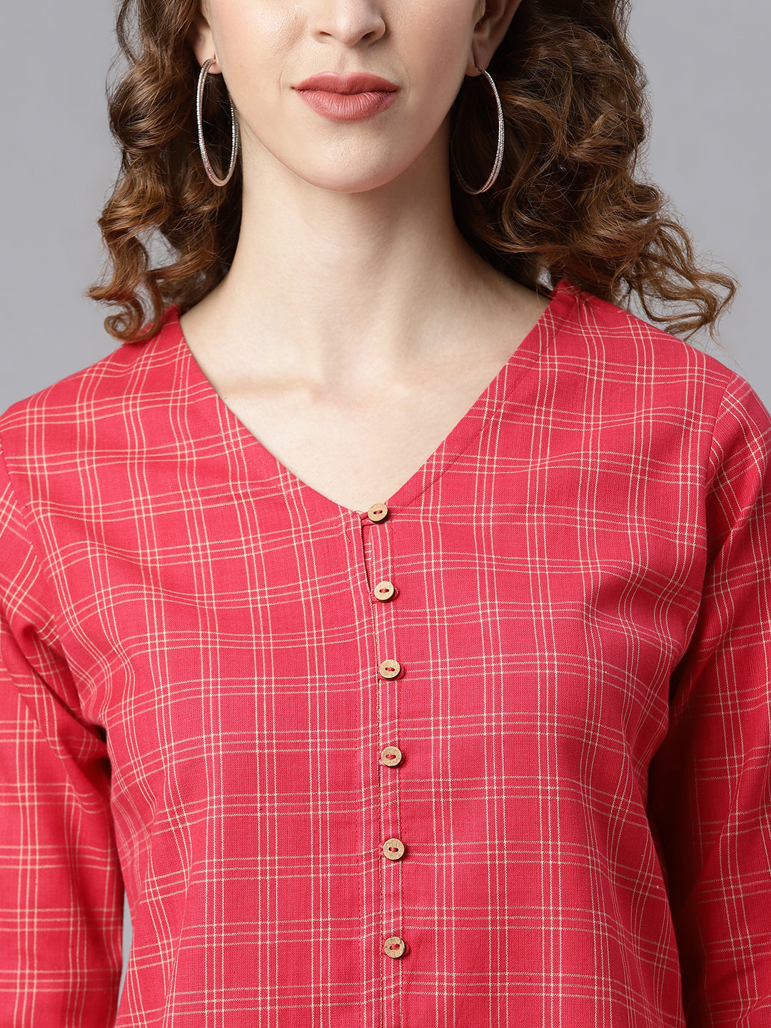 Janasya Women's Red Cotton Checkered Regular Top - Distacart