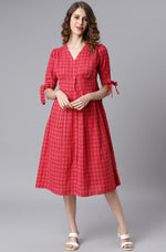 Thumbnail for Janasya Women's Red Cotton Checkered Flared Western Dress - Distacart