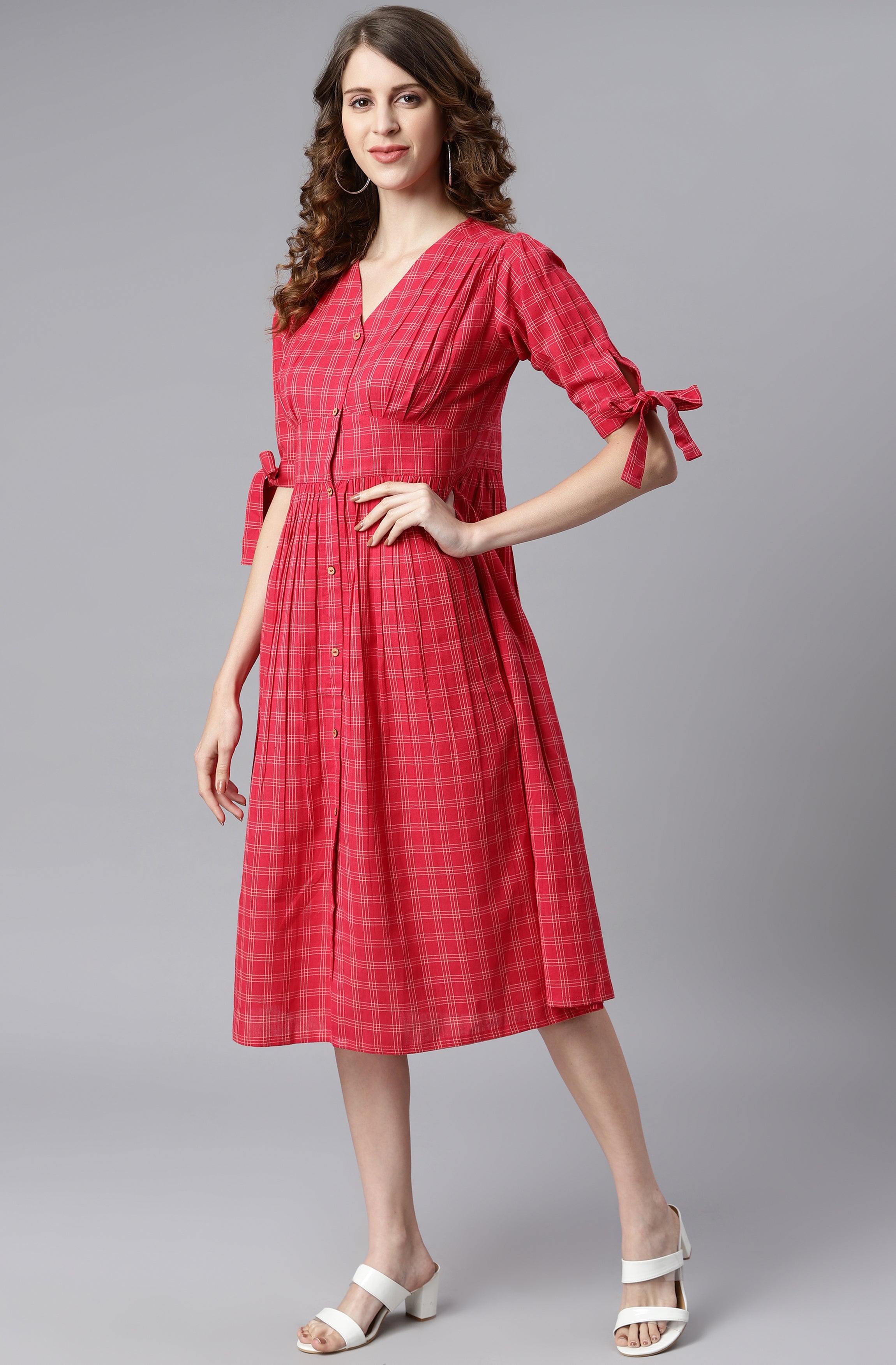 Janasya Women's Red Cotton Checkered Flared Western Dress - Distacart
