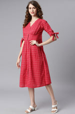 Thumbnail for Janasya Women's Red Cotton Checkered Flared Western Dress - Distacart