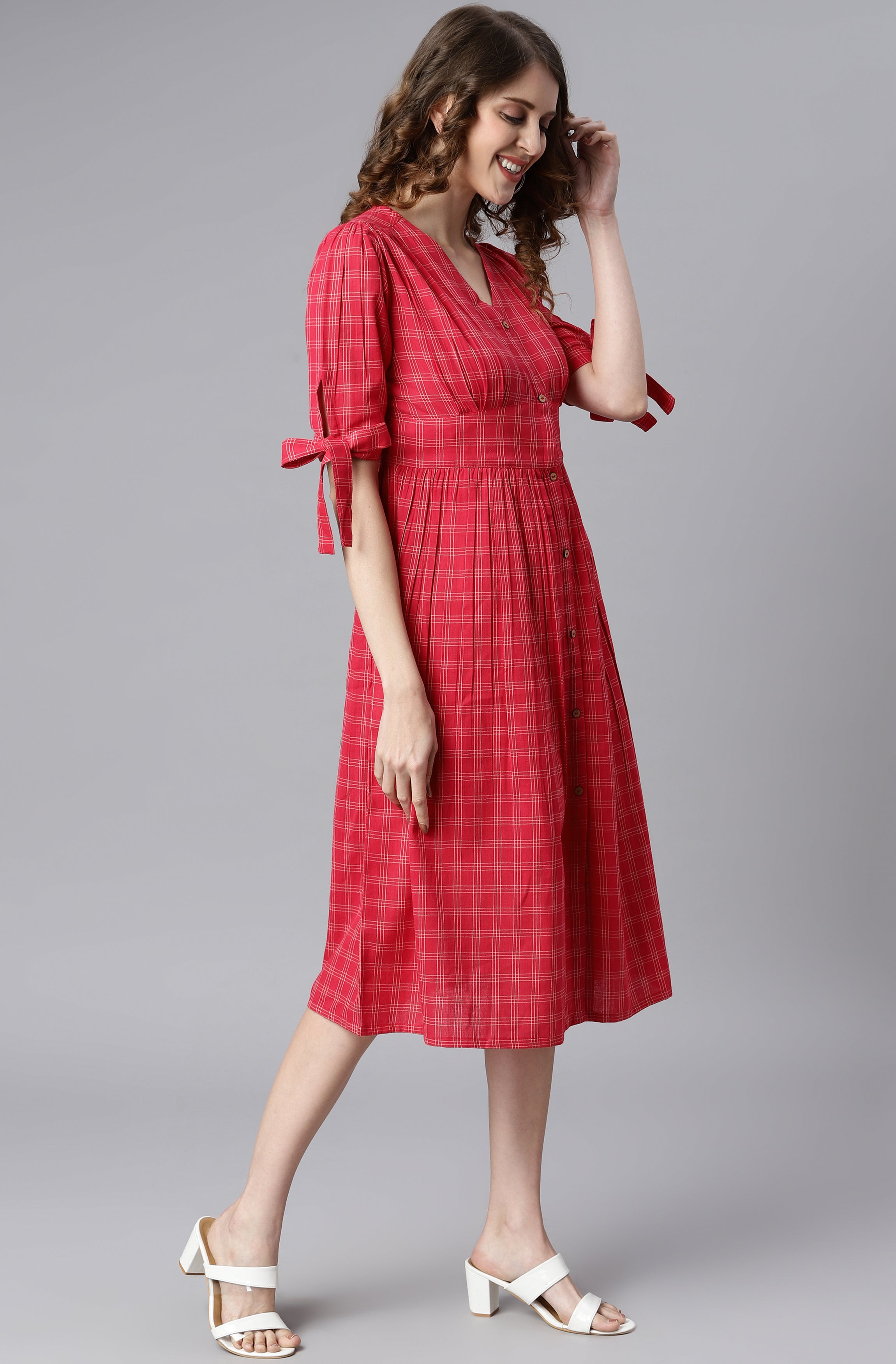 Janasya Women's Red Cotton Checkered Flared Western Dress - Distacart