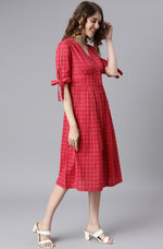 Thumbnail for Janasya Women's Red Cotton Checkered Flared Western Dress - Distacart