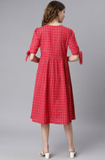 Thumbnail for Janasya Women's Red Cotton Checkered Flared Western Dress - Distacart