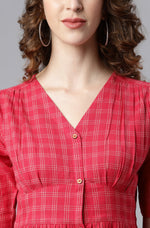 Thumbnail for Janasya Women's Red Cotton Checkered Flared Western Dress - Distacart