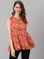 Thumbnail for Janasya Women's Orange Poly Georgette Floral Print Regular Top - Distacart
