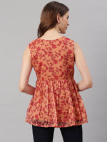 Thumbnail for Janasya Women's Orange Poly Georgette Floral Print Regular Top - Distacart