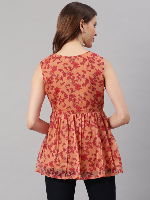 Janasya Women's Orange Poly Georgette Floral Print Regular Top - Distacart