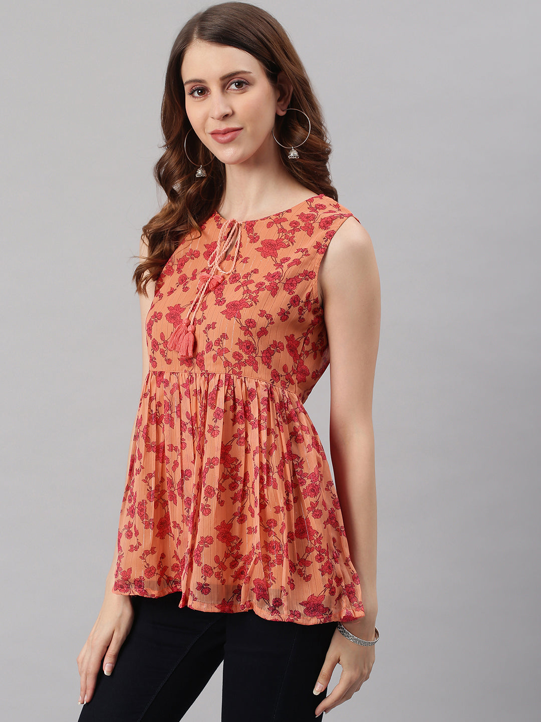 Janasya Women's Orange Poly Georgette Floral Print Regular Top - Distacart