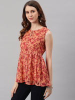 Thumbnail for Janasya Women's Orange Poly Georgette Floral Print Regular Top - Distacart