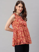 Thumbnail for Janasya Women's Orange Poly Georgette Floral Print Regular Top - Distacart