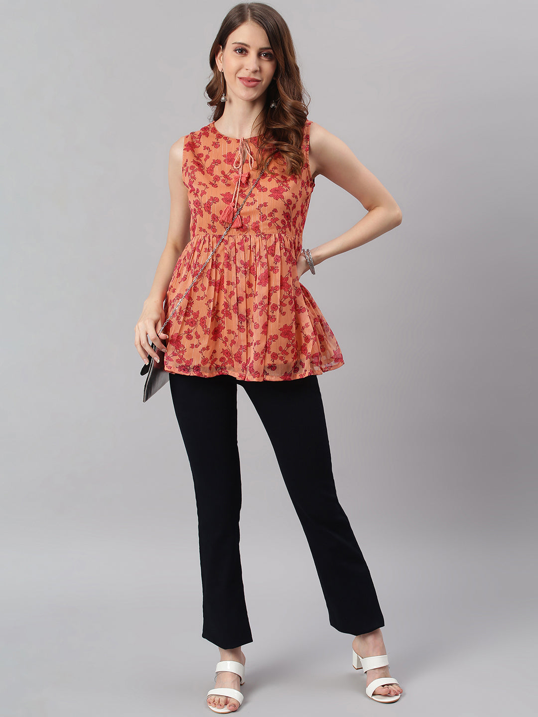 Janasya Women's Orange Poly Georgette Floral Print Regular Top - Distacart