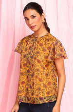 Thumbnail for Janasya Women's Mustard Poly Georgette Floral Print Regular Top - Distacart
