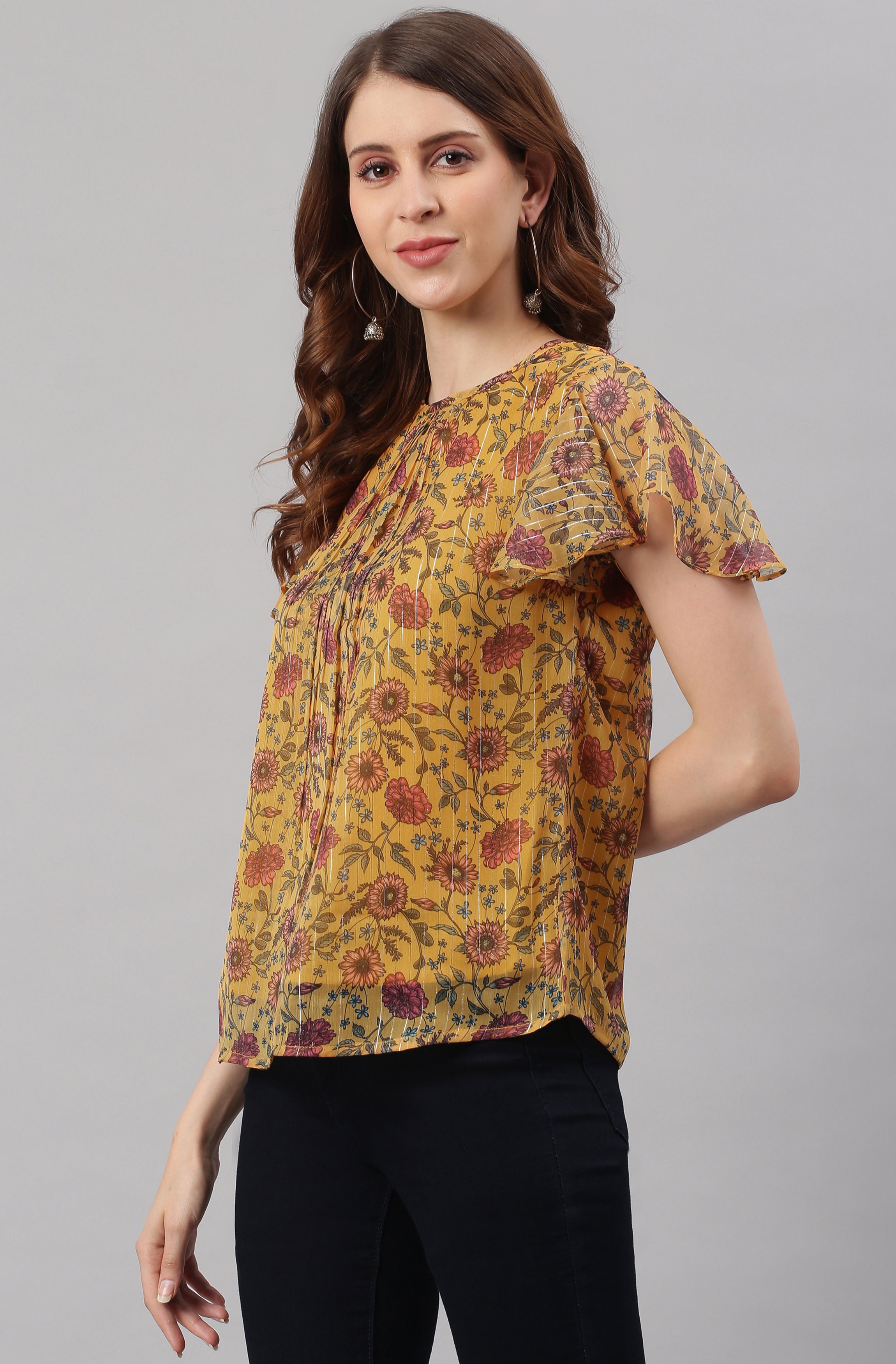 Janasya Women's Mustard Poly Georgette Floral Print Regular Top - Distacart