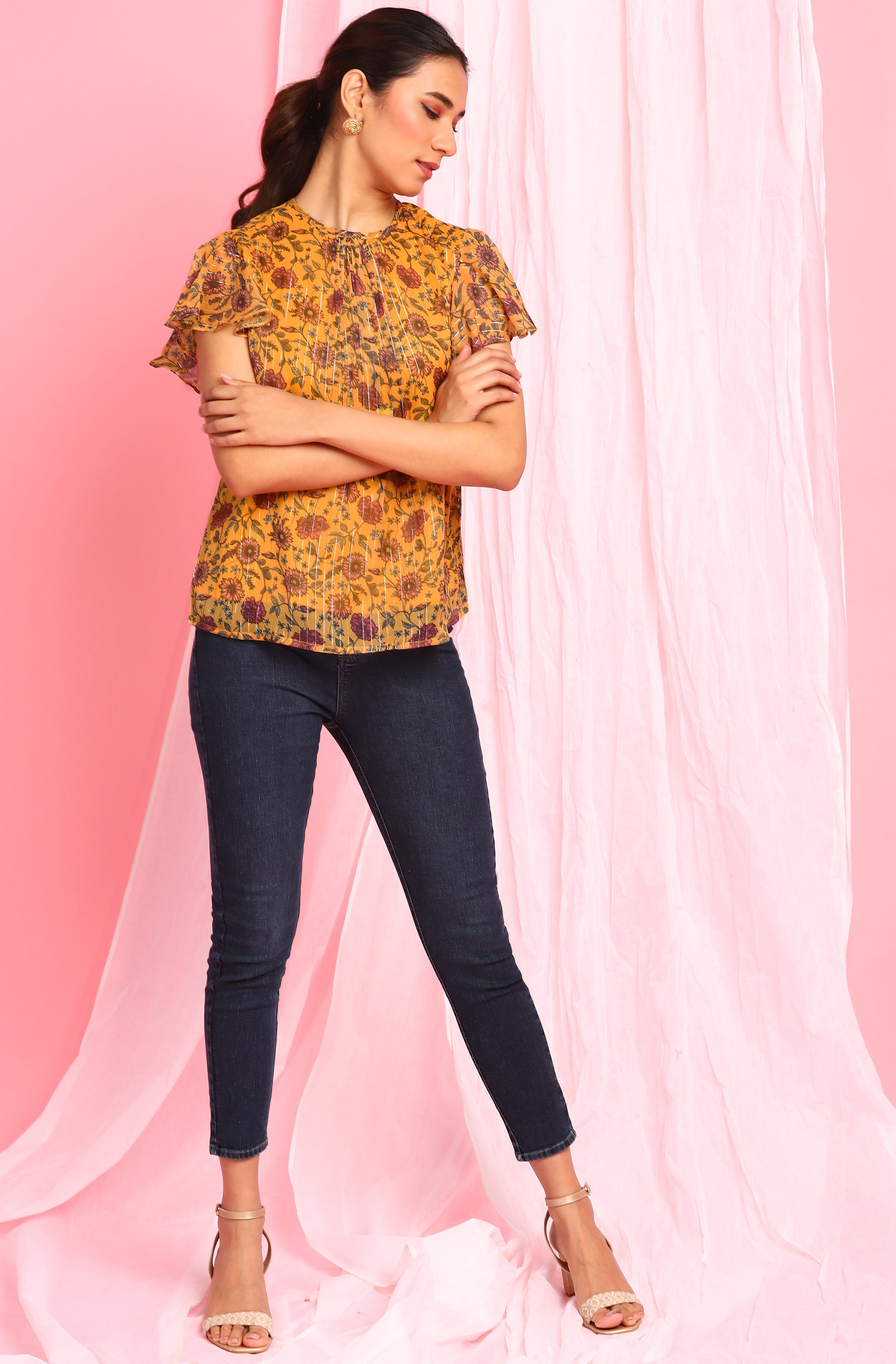 Janasya Women's Mustard Poly Georgette Floral Print Regular Top - Distacart