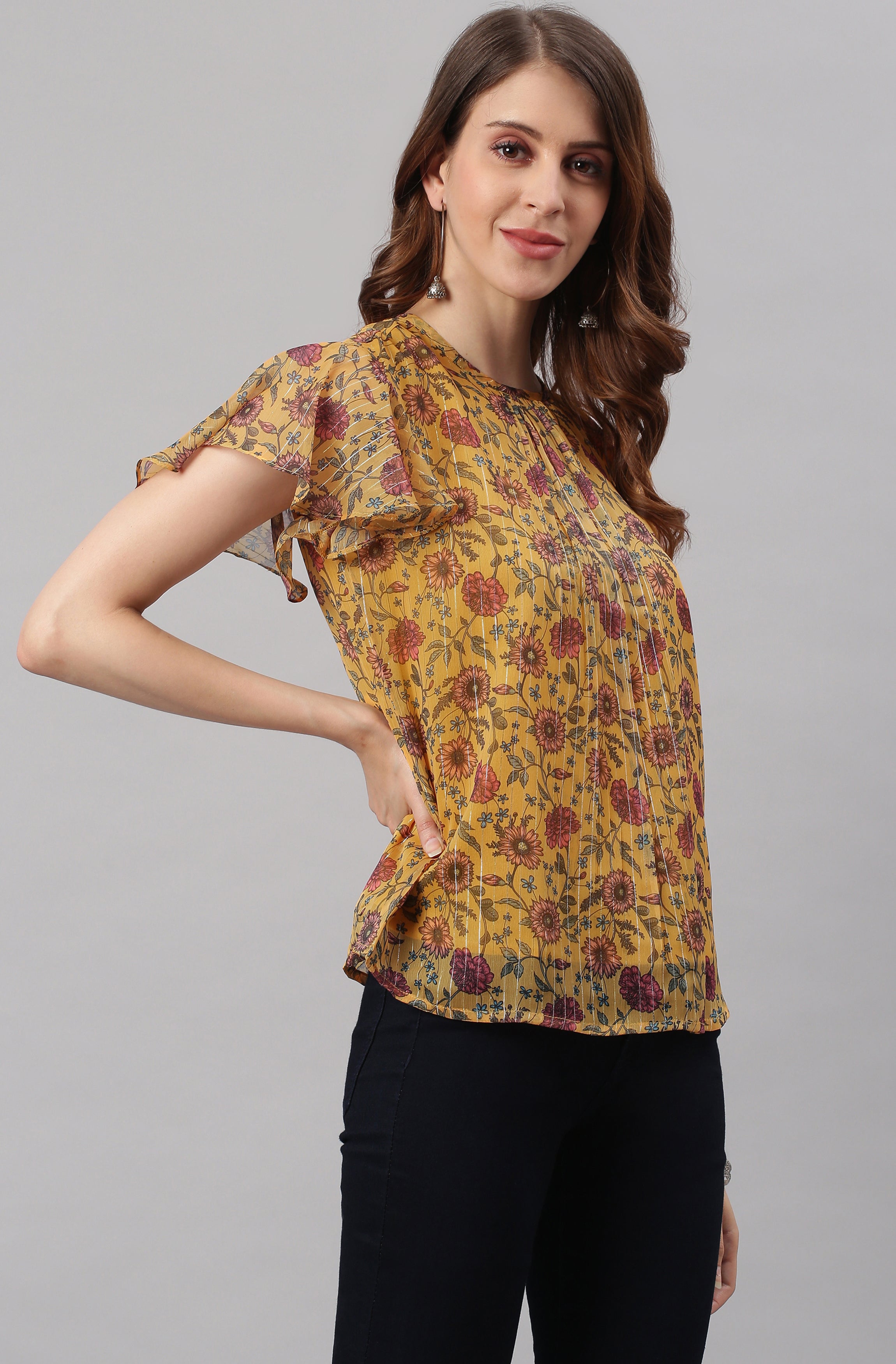 Janasya Women's Mustard Poly Georgette Floral Print Regular Top - Distacart