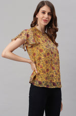 Thumbnail for Janasya Women's Mustard Poly Georgette Floral Print Regular Top - Distacart
