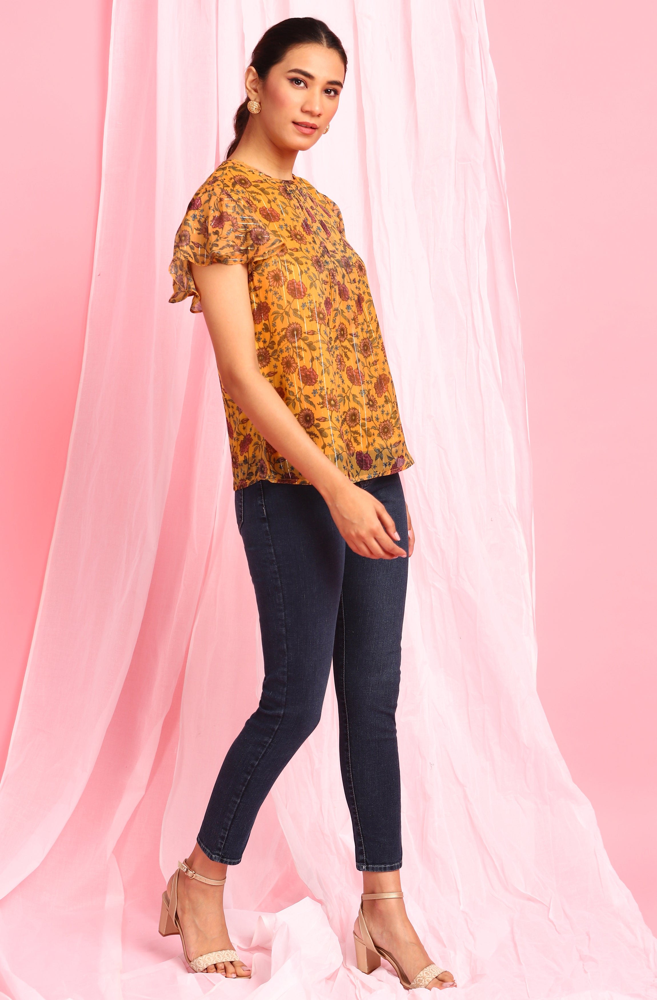 Janasya Women's Mustard Poly Georgette Floral Print Regular Top - Distacart