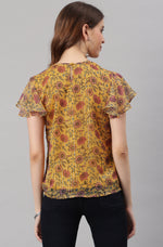 Thumbnail for Janasya Women's Mustard Poly Georgette Floral Print Regular Top - Distacart