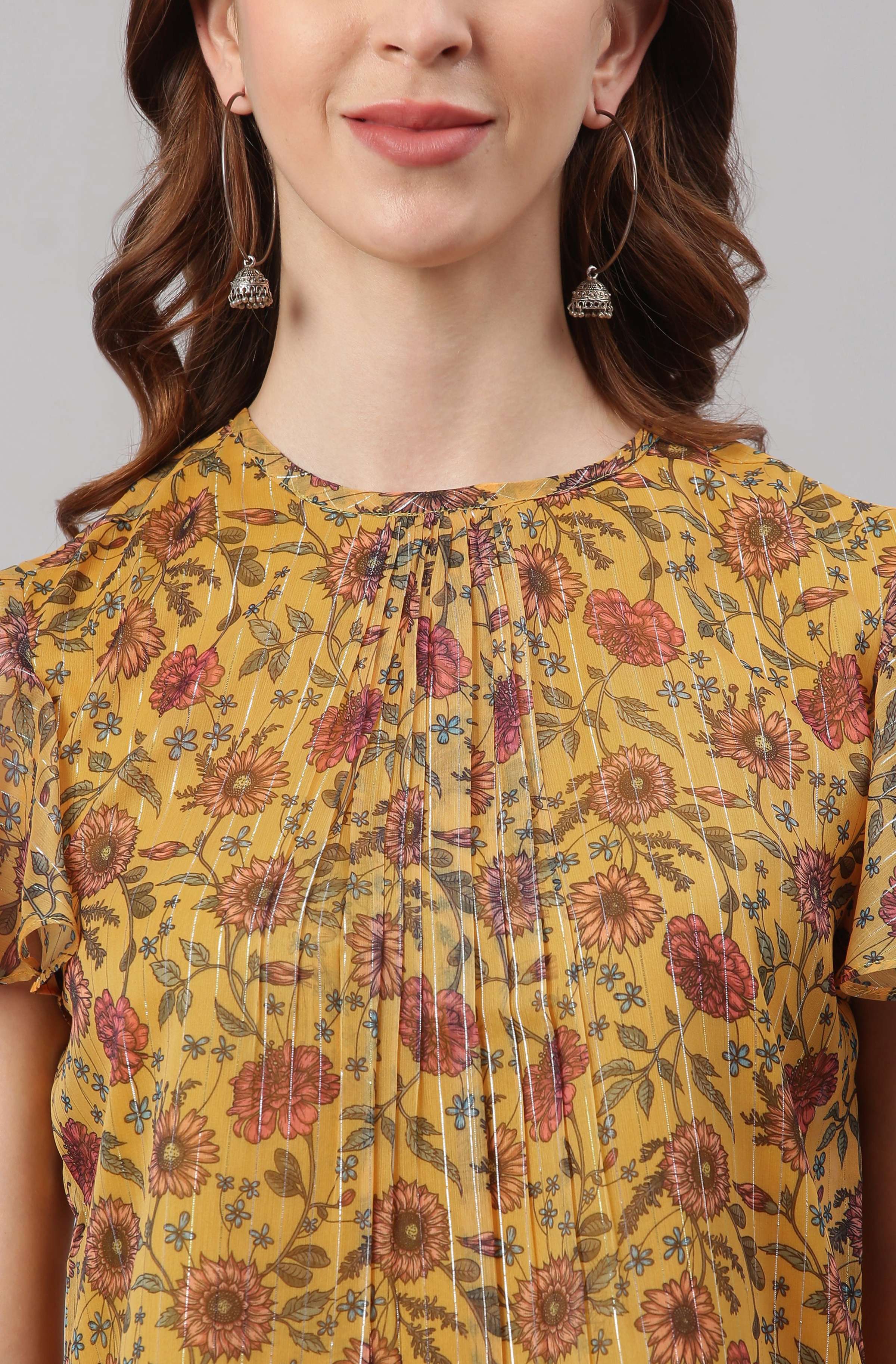 Janasya Women's Mustard Poly Georgette Floral Print Regular Top - Distacart
