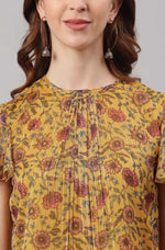 Thumbnail for Janasya Women's Mustard Poly Georgette Floral Print Regular Top - Distacart