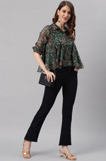 Thumbnail for Janasya Women's Green Poly Georgette Floral Print Regular Top - Distacart