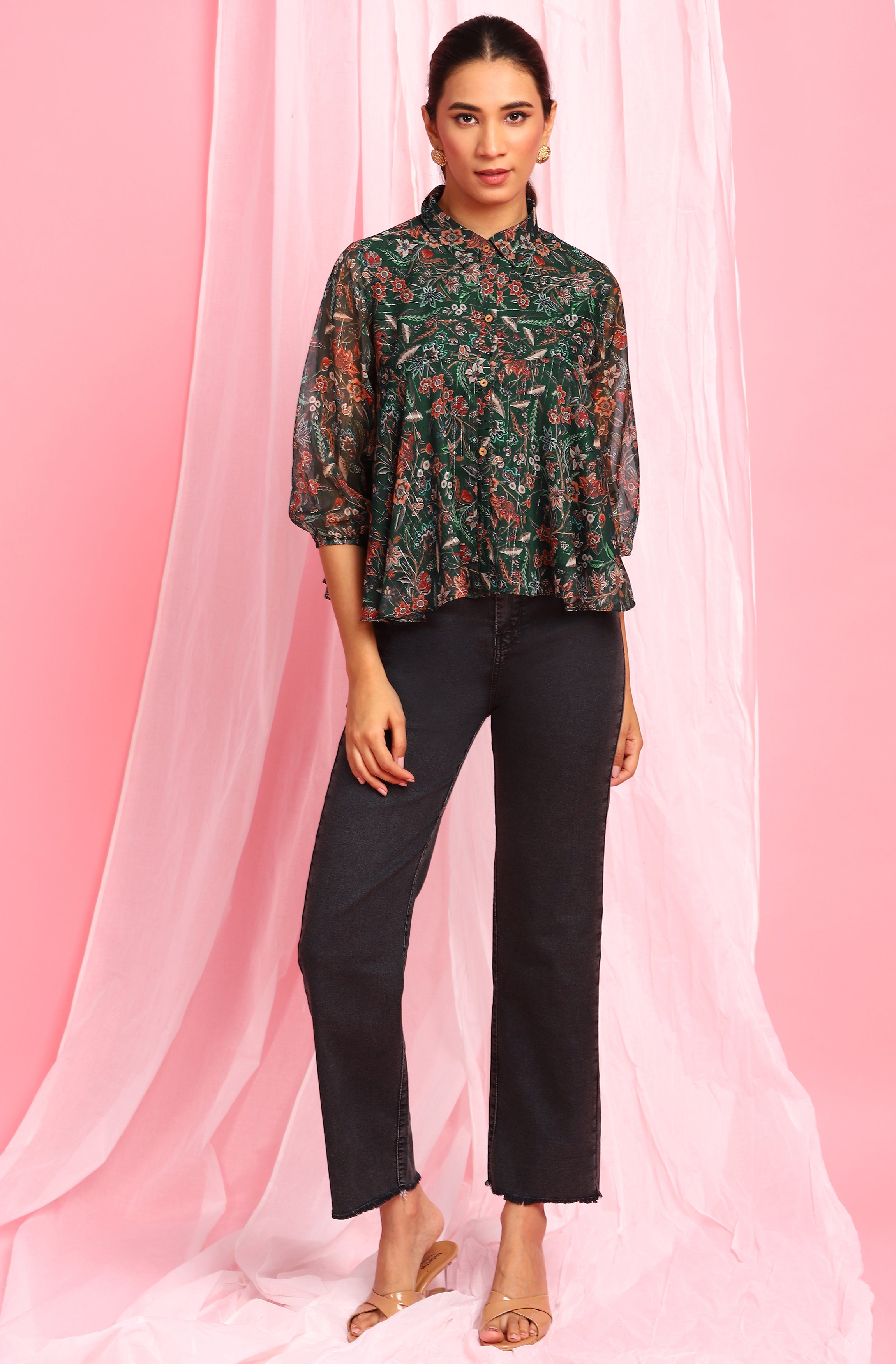 Janasya Women's Green Poly Georgette Floral Print Regular Top - Distacart