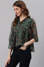 Thumbnail for Janasya Women's Green Poly Georgette Floral Print Regular Top - Distacart