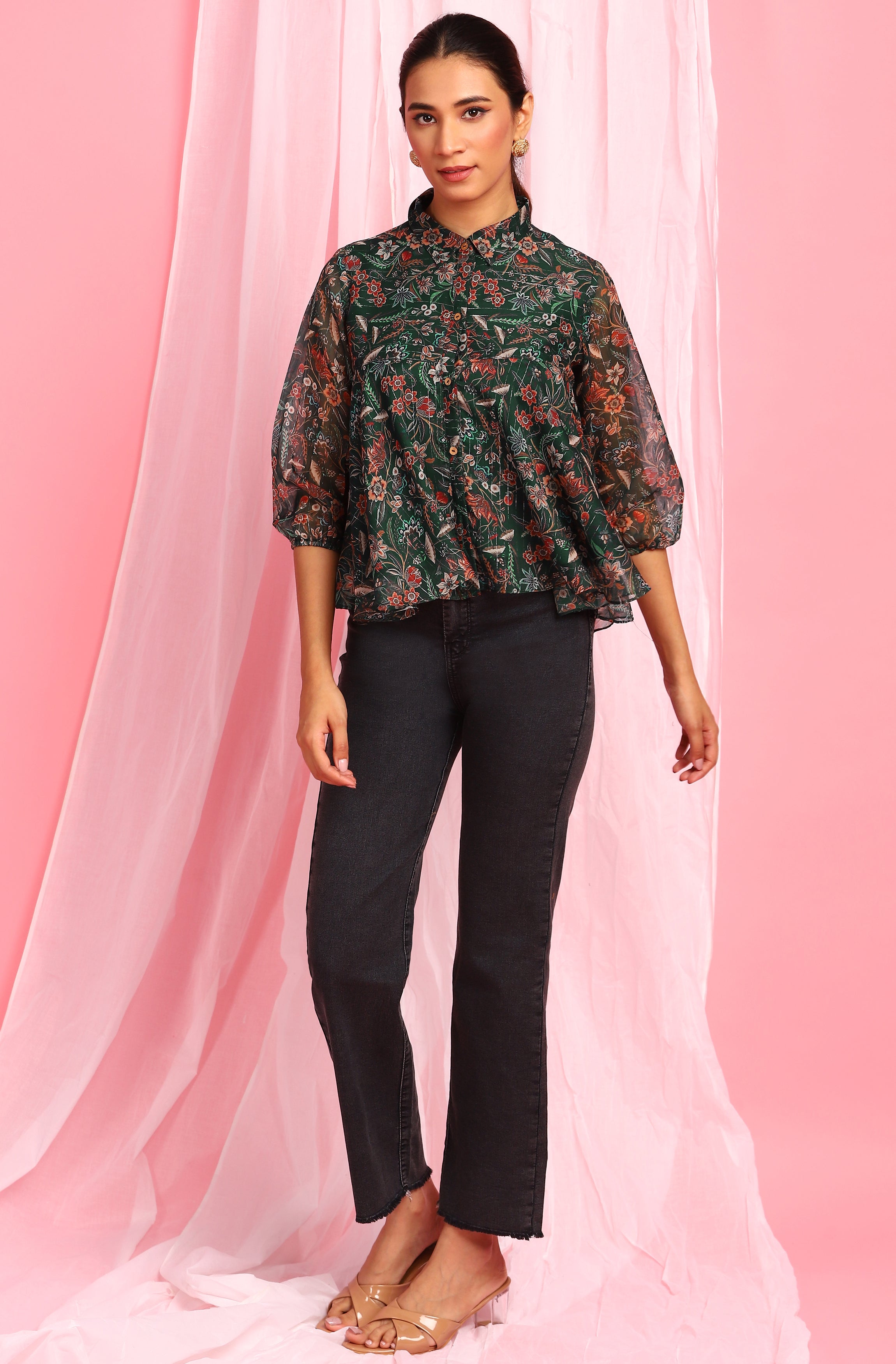 Janasya Women's Green Poly Georgette Floral Print Regular Top - Distacart