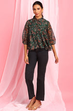 Thumbnail for Janasya Women's Green Poly Georgette Floral Print Regular Top - Distacart