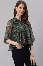 Thumbnail for Janasya Women's Green Poly Georgette Floral Print Regular Top - Distacart