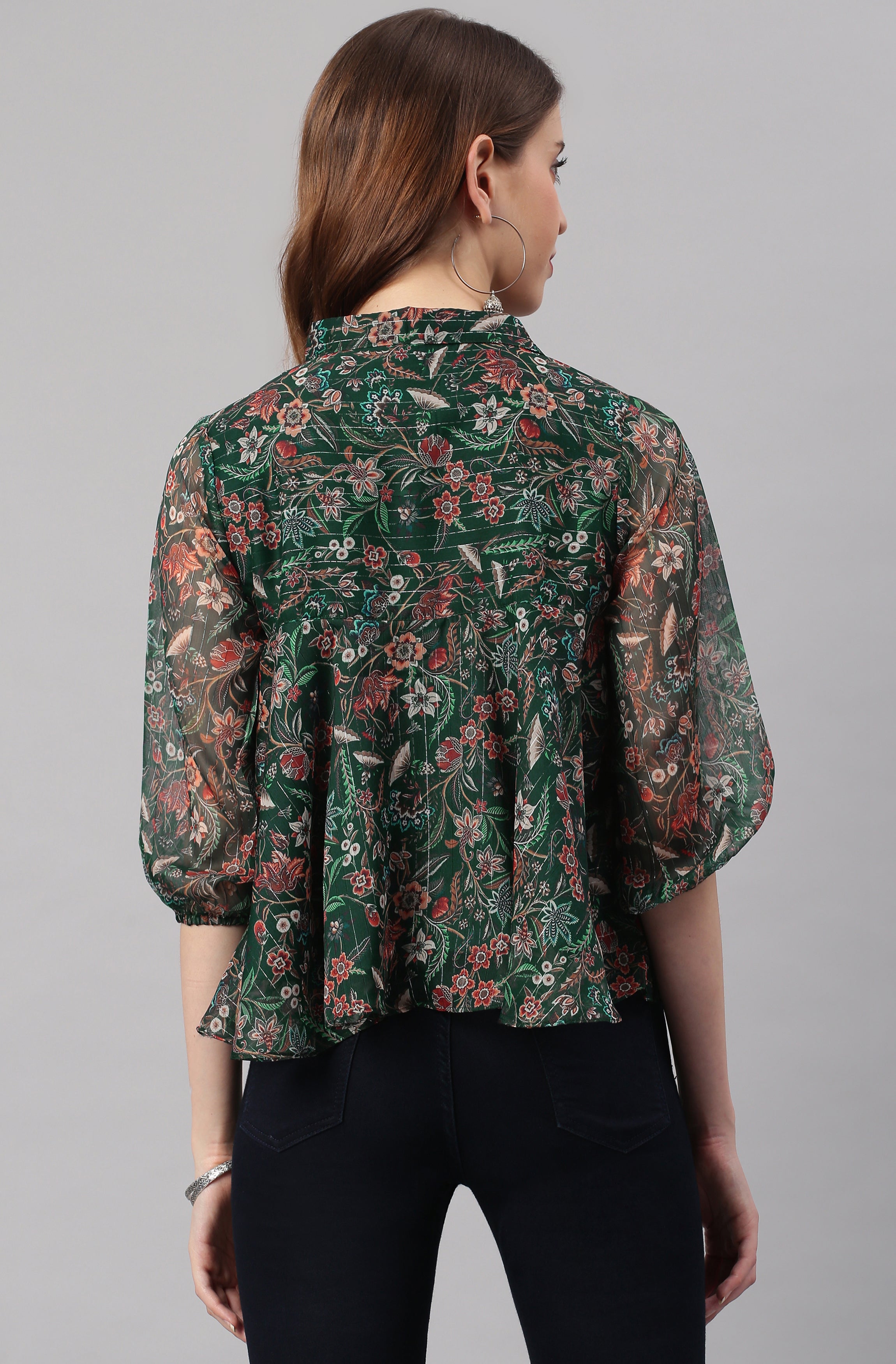 Janasya Women's Green Poly Georgette Floral Print Regular Top - Distacart