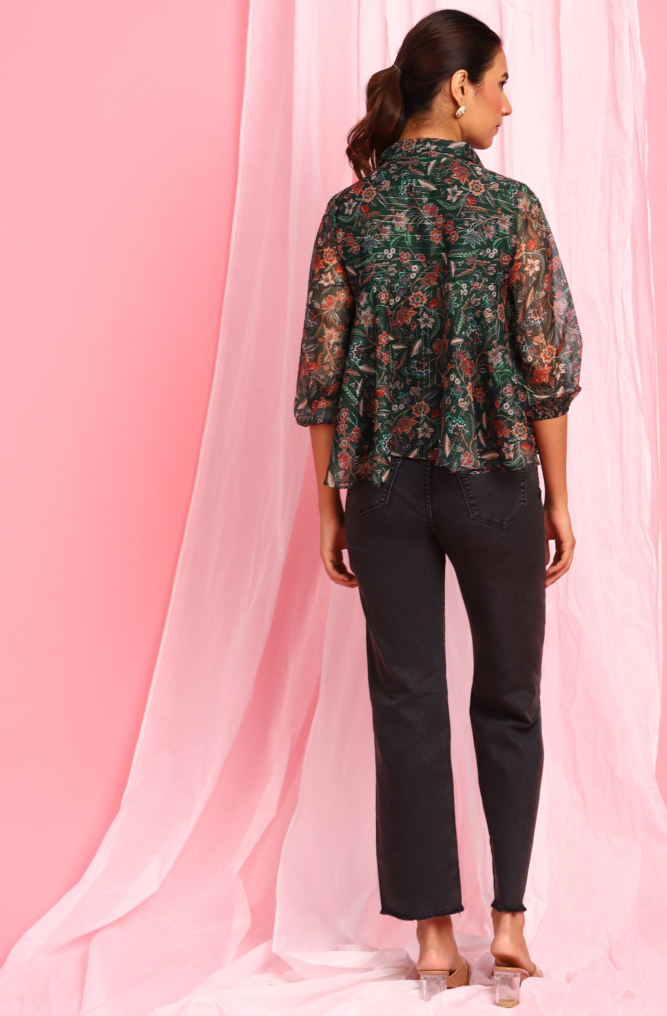 Janasya Women's Green Poly Georgette Floral Print Regular Top - Distacart