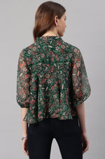 Thumbnail for Janasya Women's Green Poly Georgette Floral Print Regular Top - Distacart