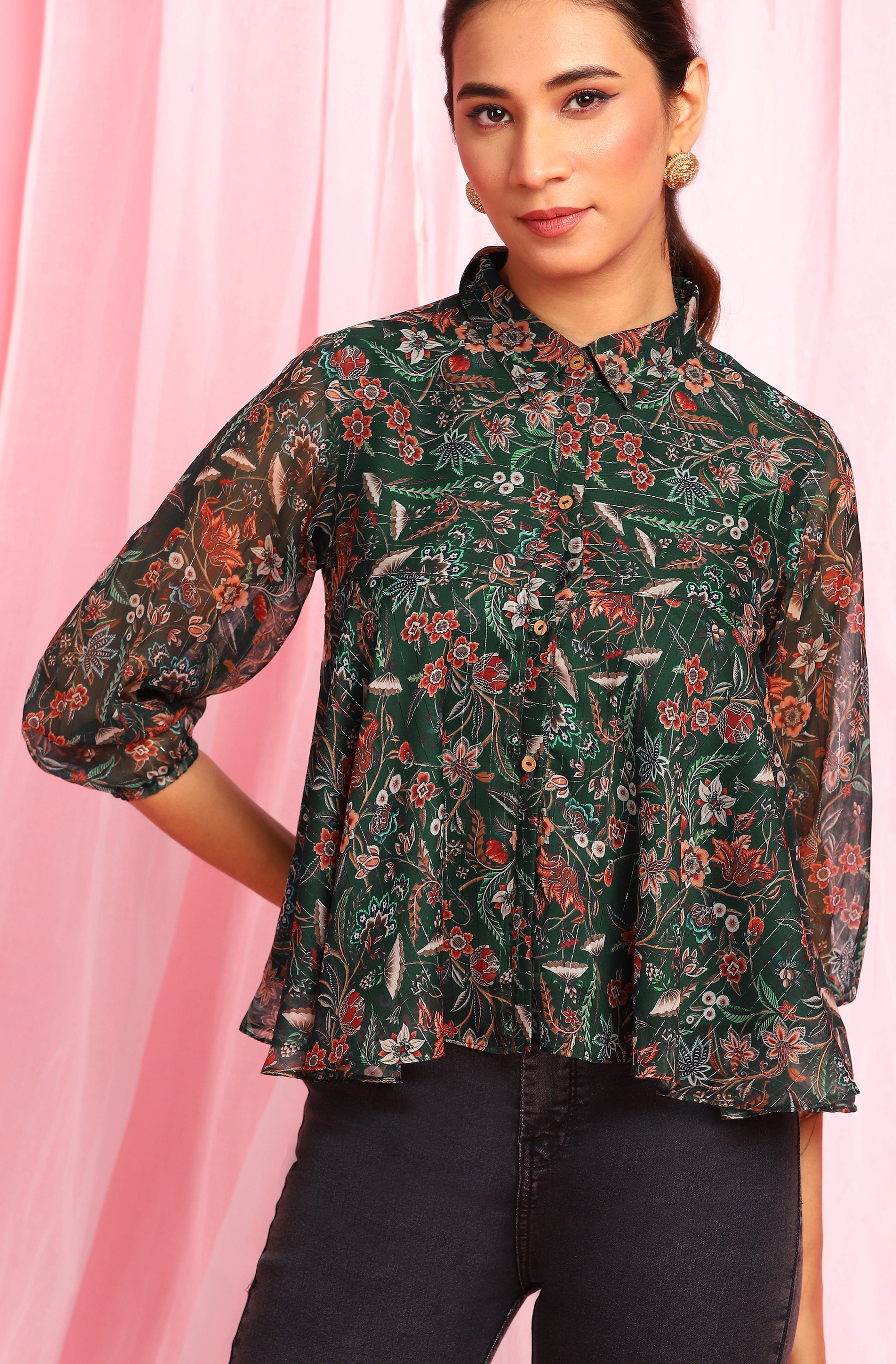 Janasya Women's Green Poly Georgette Floral Print Regular Top - Distacart