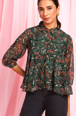 Thumbnail for Janasya Women's Green Poly Georgette Floral Print Regular Top - Distacart