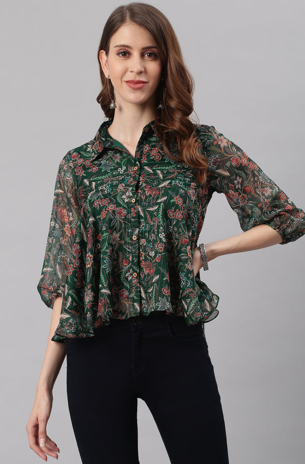 Janasya Women's Green Poly Georgette Floral Print Regular Top - Distacart
