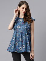 Thumbnail for Janasya Women's Blue Poly Georgette Floral Print Gathered Top - Distacart