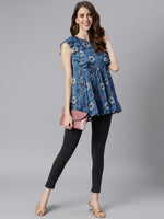 Thumbnail for Janasya Women's Blue Poly Georgette Floral Print Gathered Top - Distacart