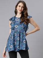 Thumbnail for Janasya Women's Blue Poly Georgette Floral Print Gathered Top - Distacart