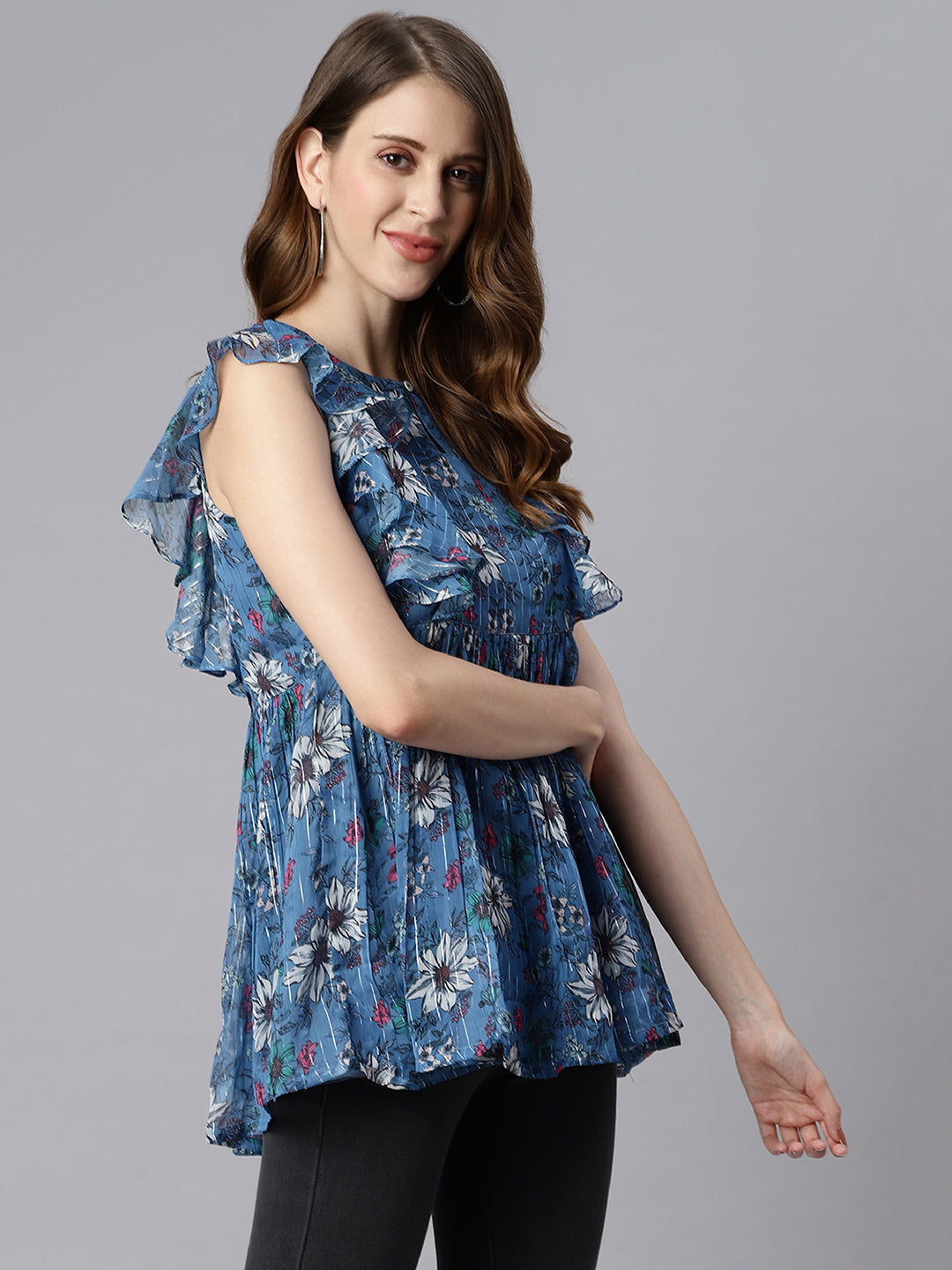 Janasya Women's Blue Poly Georgette Floral Print Gathered Top - Distacart