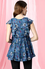 Thumbnail for Janasya Women's Blue Poly Georgette Floral Print Gathered Top - Distacart