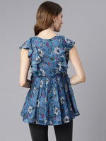 Thumbnail for Janasya Women's Blue Poly Georgette Floral Print Gathered Top - Distacart