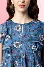 Thumbnail for Janasya Women's Blue Poly Georgette Floral Print Gathered Top - Distacart